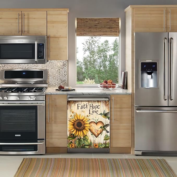 Sunflower Hummingbird Magnet Dishwasher Cover Kitchen Decor Sticker, Faith Hope Love Magnetic Fridge Panel Skin Cover Country Flower Dishwasher Panel Decal, 23" x 26" Magnetic