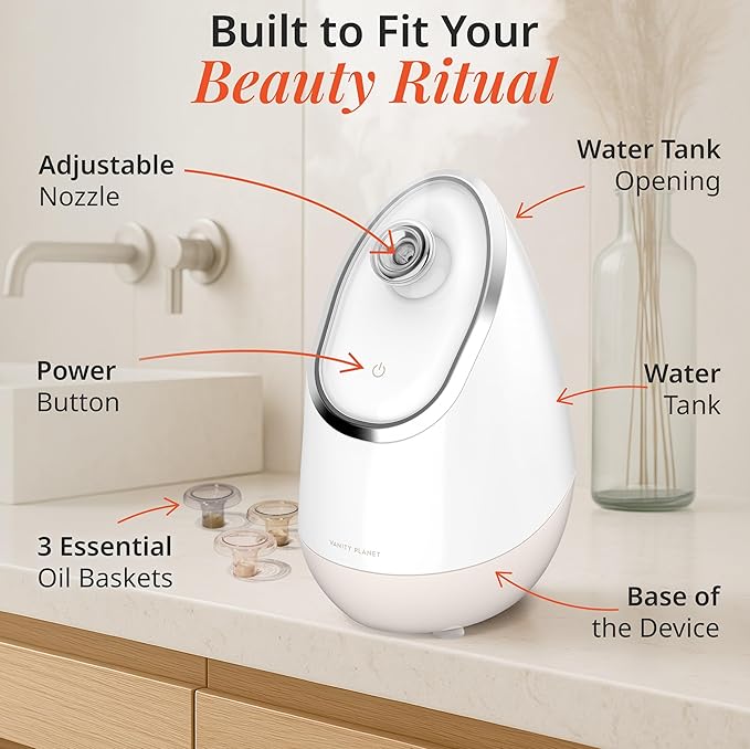 Vanity Planet Aira Ionic Facial Steamer - Face Steamer for Facial Deep Cleaning, Moisturizing - Steamer for Face with Adjustable Nozzle, Water Tank and 3 Essential Oil Baskets (Beige)