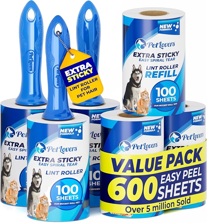PetLovers Extra Sticky Lint Roller Mega Value Set 600 Sheets for Pet Hair Removal, Dog and Cat Lint Remover 6 Pack by PetLovers
