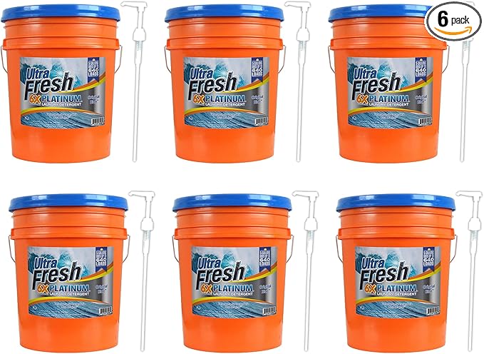 Ultra Fresh 6X Platinum 5 Gallon Laundry Detergent Liquid for All Machine Types with Easy Dispensing Pump, Up to 640 Loads, Mountain Fresh (6 Pack)