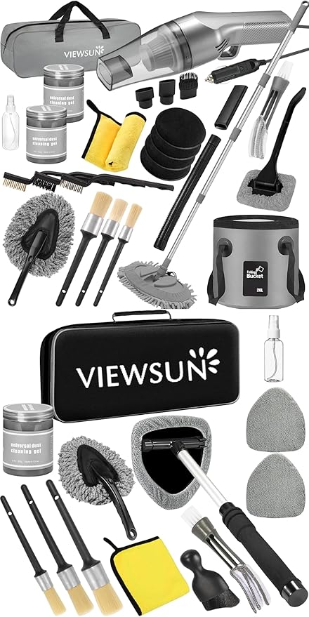 Viewsun Car Cleaning Kit with High Power Handheld Vacuum, Car Wash Mop with Long Handle, Bucket, Detailing Brush Set, Windshield Cleaner, Complete Interior Exterior Washing Supply for Men Women