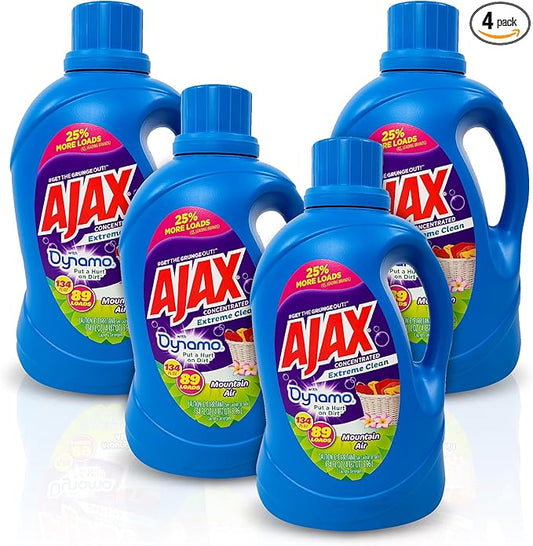 Ajax + Dynamo Mountain Air Laundry Detergent Liquid – Totally Awesome Cleaner with Deep Clean Power, Stain & Odor Remover, HE Compatible, 134oz (Pack of 4), 356 Loads, Fresh Scent