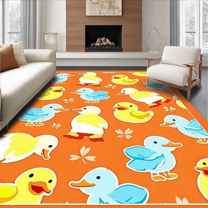 Flatwoven High Traffic Area Rug 3x5, Whimsical Parade Watercolor Cartoon Inspired Motif, Non Slip, Stain Resistant, Washable Area Rugs for Living Room, Bedroom (Orange, 3x5)