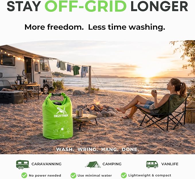 One Hand Wash Bag and Plunger Set - Off Grid Washing Machine Non Electric for Camping Travel | Eco Friendly Portable Manual Clothes