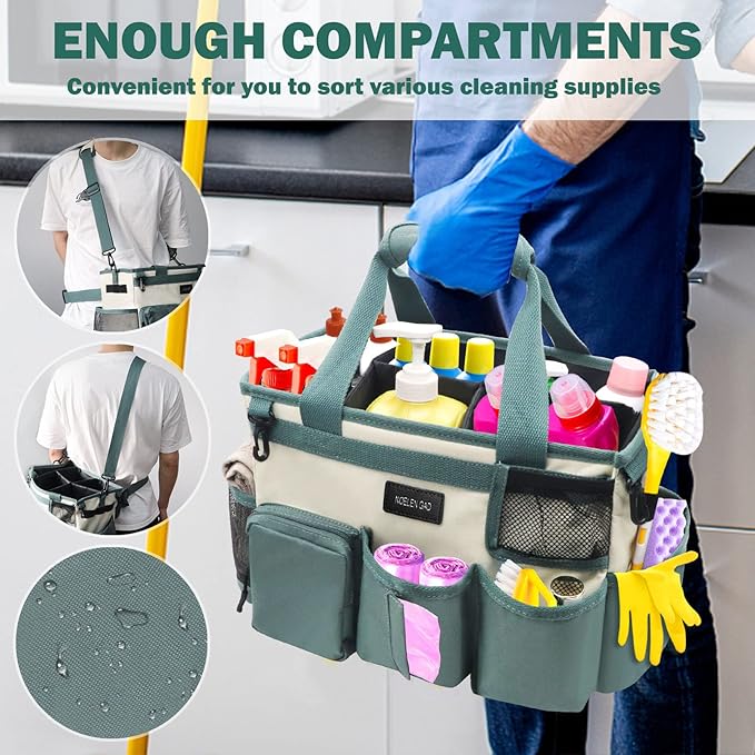 Wearable Cleaning Caddy Bag,Cleaning Supply Tote for Cleaning Supplies, Cleaning Organizer with Adjustable Shoulder and Waist Straps for Cleaners & Housekeepers (Large, Green White)