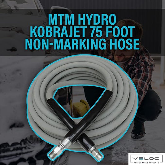 MTM Hydro Kobrajet High Pressure Washer Hose 3/8” 4000 PSI 75’ for Car Wash and Detailing, Pressure Washer Accessories, Non-Marking Gray Commercial Grade