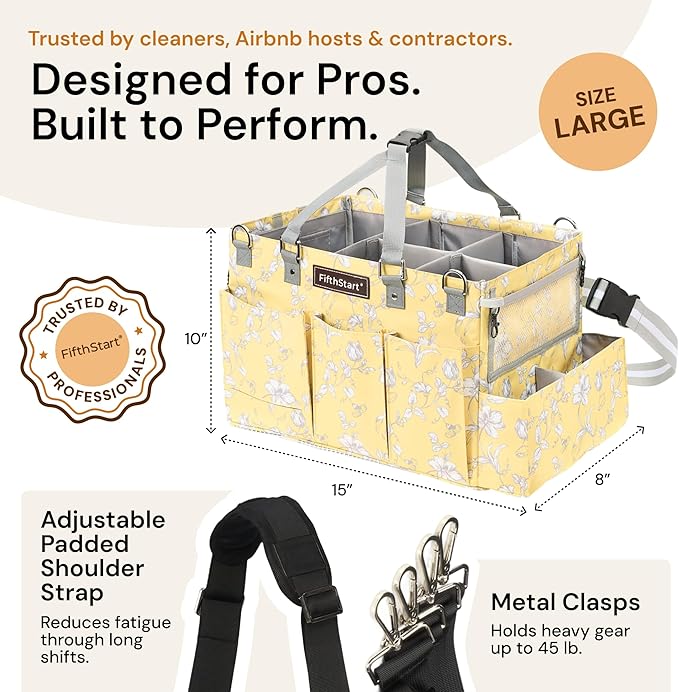 FifthStart Multi-Purpose Cleaning Caddy with Waist, Shoulder Strap, Mesh Base & 9 Pockets – Easy to Clean Diaper Caddy with Adjustable Compartments (Yellow Floral, X-Large)