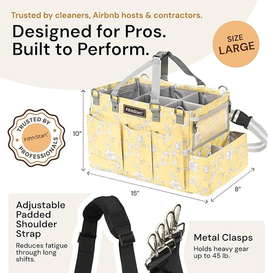 FifthStart Multi-Purpose Cleaning Caddy with Waist, Shoulder Strap, Mesh Base & 9 Pockets – Easy to Clean Diaper Caddy with Adjustable Compartments (Yellow Floral, X-Large)