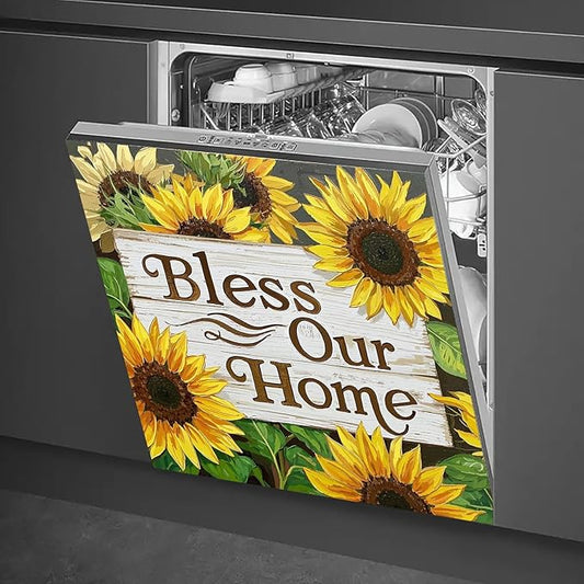 Dishwasher Magnet Cover 23x26 in Dark Background Sunflower Design Bless Our Home Sign Dishwasher Cover for Kitchen Appliance Decoration Front Panel Sticker Rustic Art Skin Panel Home Decor
