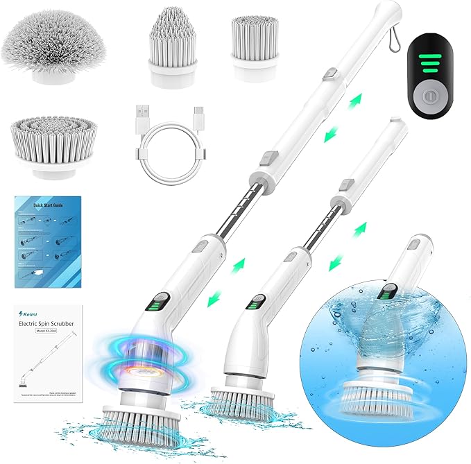 Electric Spin Scrubber, 2024 New Full-Body IPX7 Waterproof Shower Scrubber with Long Handle, Adjustable Speeds Rechargable Spin Scrubber with 4 Replaceable Scrubber Heads for Bathroom