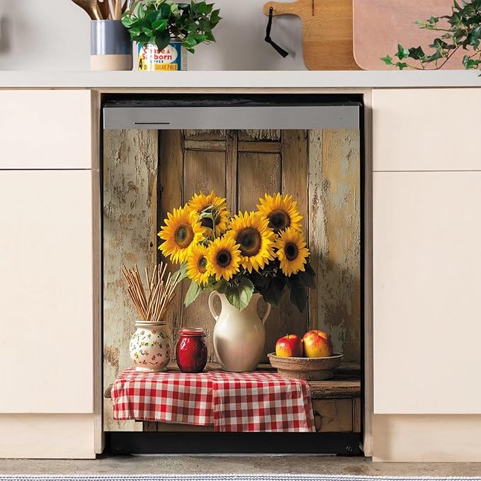 Vase Sunflower Magnetic Dishwasher Magnet Cover Decal, Vintage Rustic Desktop Apples Vinyl Decor Magnetic Fridge Door Cover, Dishwasher Magnetic Sticker, Easy Update 23" x 26" Magnetic