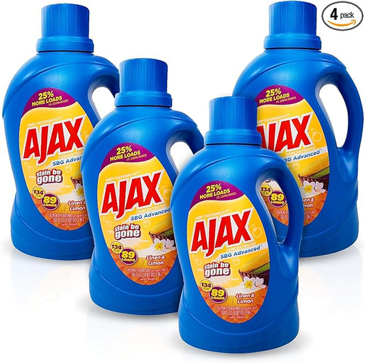 Ajax SBG Advanced Laundry Detergent, Linen & Lemon Scent, 134oz (Pack of 4) – Totally Awesome Stain & Odor Remover, HE Compatible, Concentrated Liquid, 356 Loads, Color-Safe, Long-Lasting Freshness