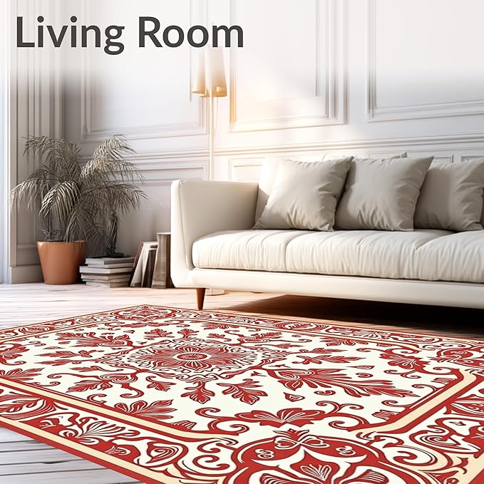 Flatwoven High Traffic Area Rug 3x5, Vintage Floral Medallion Shower Curtain with Coordinated Bathroom, Non Slip, Stain Resistant, Washable Area Rugs for Living Room, Bedroom (Red, 3x5)