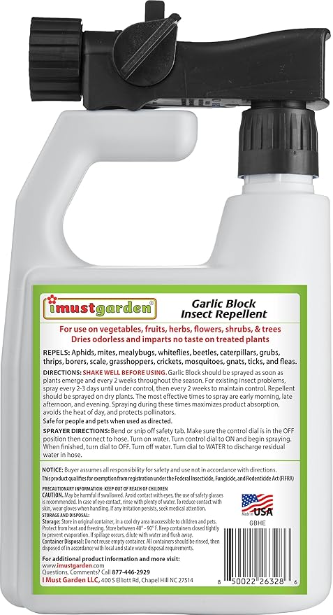 Garlic Block Insect Repellent – Ready to Spray Concentrate: No Mixing or Measuring – OMRI Listed for Organic Gardening - Creates a Garlic Barrier to Protect Vegetables, Fruits & Flowers: 32oz Hose-end