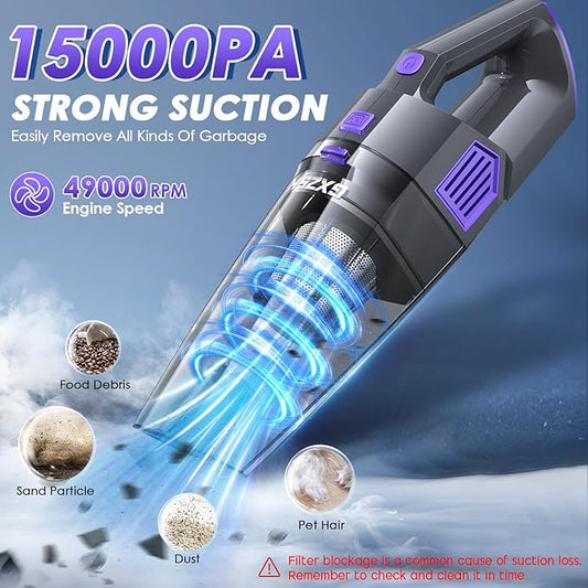 Gxzsk Handheld Vacuum Cordless, 15000PA Strong Suction Hand Held Car Vacuum Cleaner Rechargeable, Portable Hand Vacuum with Multi-Nozzles & Washable Filter for Home Office, Car, Pets