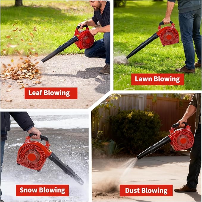 28 CC Gas Leaf Blower, 490 CFM 280 MPH, 1.1-HP 2-Stroke, Handheld Gas Powered Leaf Blower, Lightweight, Powerful Clearing Performance for Lawn Care, Driveway Cleaning and Light Snow Removal