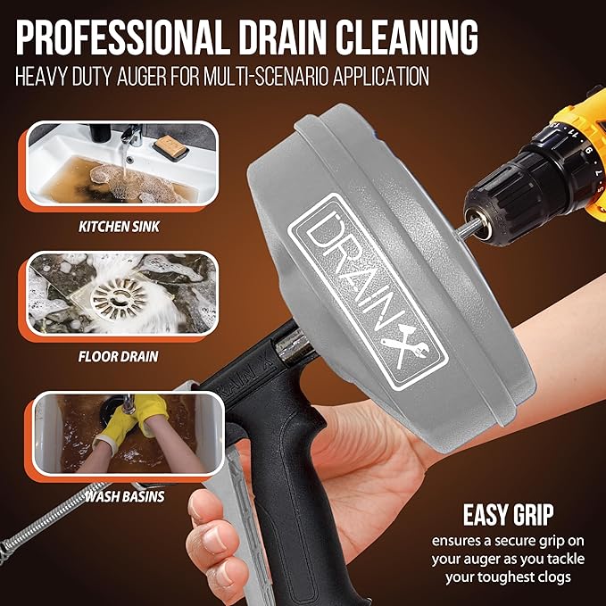 DrainX SPINFEED 50 Foot Drum Auger | Use Manually or Drill Powered - Auto Extend and Retract Plumbing Snake | Work Gloves and Storage Bag Included