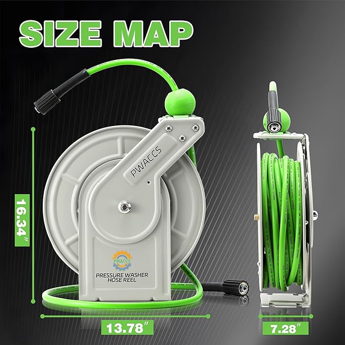 PWACCS Retractable Pressure Washer Hose Reel, Heavy Duty Power Washer Hose Reel 1/4" x 60ft, High Pressure Reel Auto Rewind, Wall/Floor Mounted, 3600 PSI