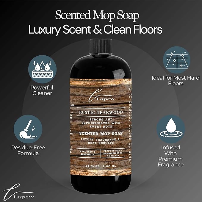 Lapew Rustic Teakwood Scented Cleaning Bundle | Carpet Deodorizer Powder (16 oz) & Mop Soap Concentrate (36 oz) | Pet-Friendly Odor Eliminator