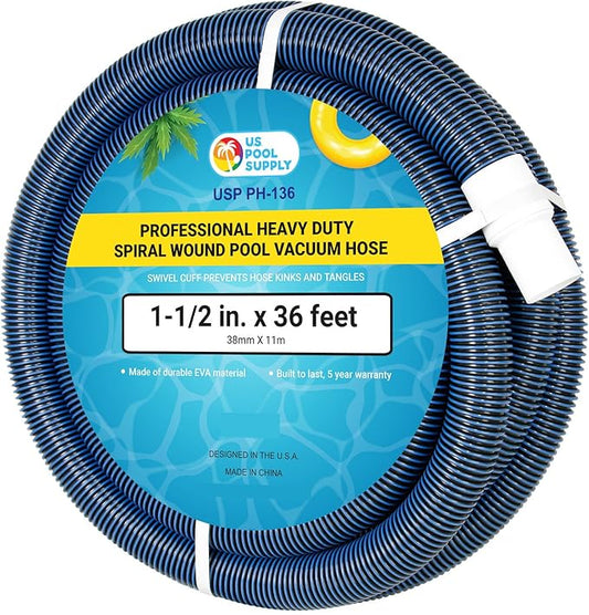 U.S. Pool Supply Pool Vacuum Hose - 1-1/2" x 36' Professional Heavy Duty Pool Hose for Inground, Spiral Wound with Kink-Free Swivel Cuff - Connect to Vacuum Heads, Skimmer, Cleaner, Filter Pump Inlet