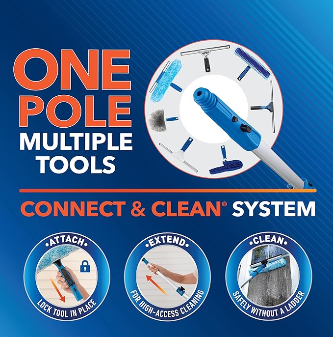 Unger Professional Connect & Clean 6 - 18 Foot Telescoping Extension Multi-Purpose Pole with Quick-Flip Clamp, Window Cleaning, Dusting, Silver