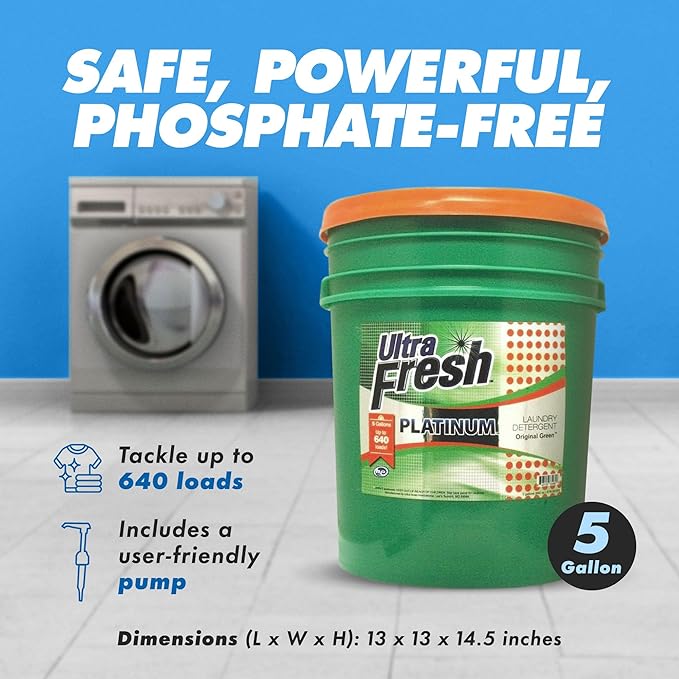 Ultra Fresh 3X Platinum 5 Gallon Laundry Detergent Liquid for All Machine Types with Easy Dispensing Pump, Up to 640 Loads, Original Green (2 Pack)