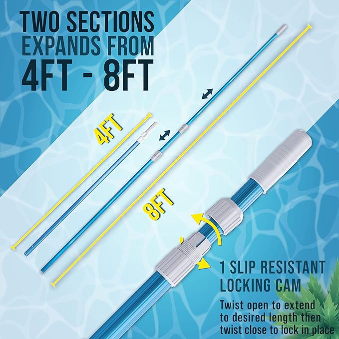 U.S. Pool Supply 8 Foot Swimming Pool Pole Telescopic - Aluminum Pool Skimmer Pole Net, Rake, Brush, Vacuum Head Handle, Attach Cleaning Equipment Accessories, Adjustable 2 Piece Expandable Extension