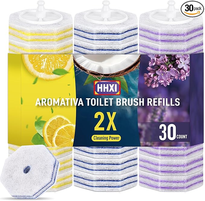 30Ct Aromative Toilet Brush Refills, Toilet Bowl Cleaner Refills, Double-Layer Cleaning Pads Added, Disposable Refill Heads for Toilet Bowl Cleaner Wands???Lemon, Blue Ocean, Lavender ???Patented???