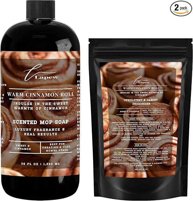 Lapew Warm Cinnamon Roll Scented Cleaning Bundle | Carpet Deodorizer Powder (16 oz) & Mop Soap Concentrate (36 oz) | Pet-Friendly Odor Eliminator