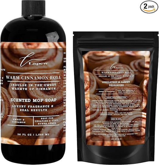 Lapew Warm Cinnamon Roll Scented Cleaning Bundle | Carpet Deodorizer Powder (16 oz) & Mop Soap Concentrate (36 oz) | Pet-Friendly Odor Eliminator