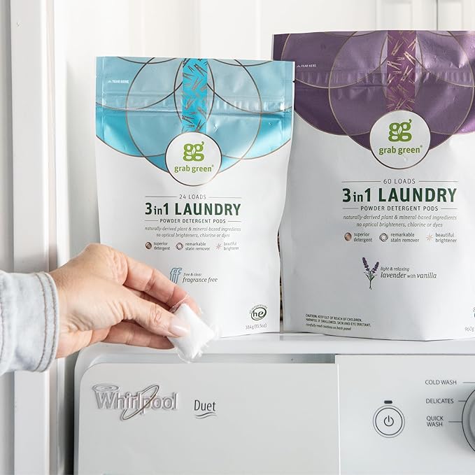 Grab Green Natural 3 in 1 Laundry Detergent Pods, Gardenia-with Essential Oils, 132 Loads, Organic Enzyme-Powered, Plant & Mineral-Based, White, 74.5Oz