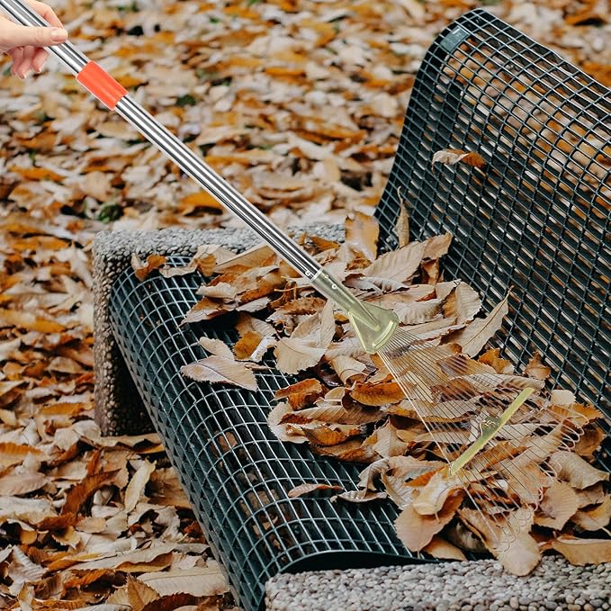 TIDTALEO Retractable Leaf Rake with 18 Stainless Steel Teeth, 80cm Telescopic Handle Lawn Tool for Garden and Yard Cleaning, Heavy Duty Small Lawn Rake for Leaves and Grass