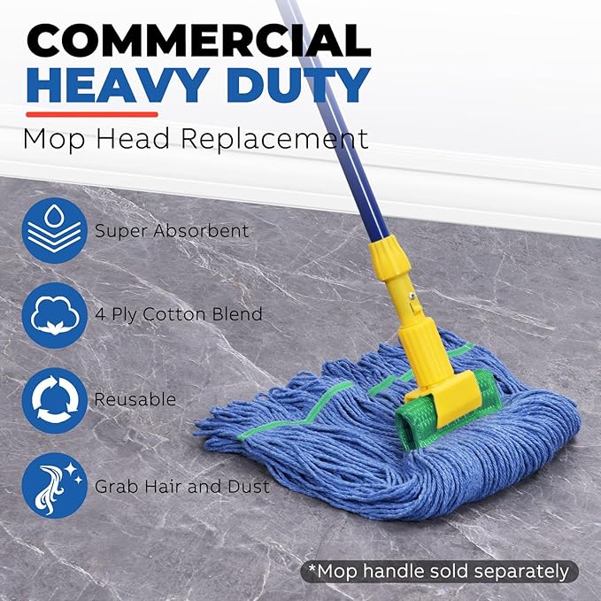 Onesimus 28 oz Heavy Duty Mop Head Replacement, 5 Inch Headband for Quick Change Handle, Blue Loop-End Cotton Blend String Wet Dry Floor Mop Refill Commercial Cleaning Supplies, 6 Pack X-Large