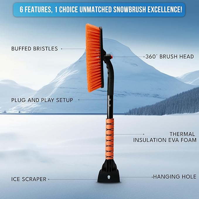 EcoNour 27" 3 in 1 Snow Brush with ice Scraper for car Windshield and Window | 360?? Aluminum Rotatable Snow Brush for car | Winter Snow Removal Tools with Detachable Foam Grip | Winter Car Accessories