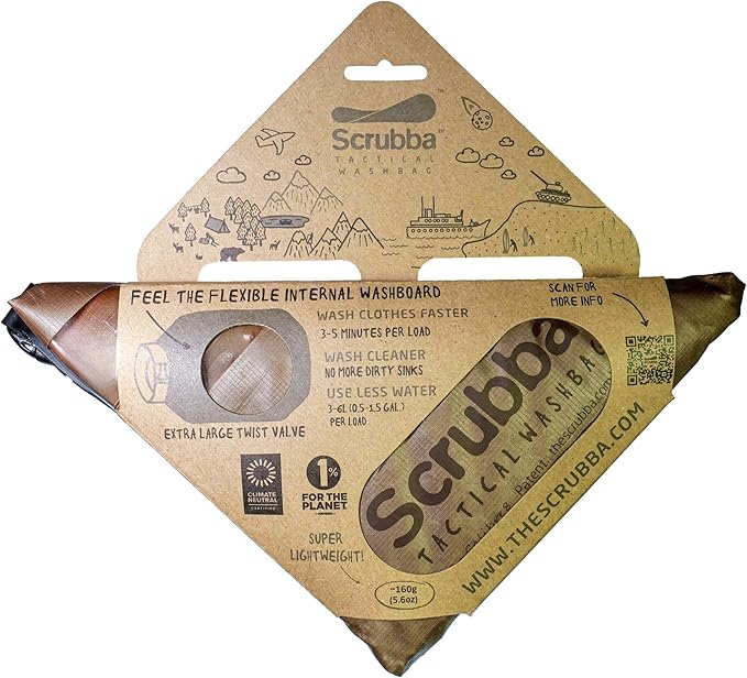 Scrubba Tactical Wash Bag Portable Washing Machine - Lightweight Manual Washing Machine for Travel, Camping, Laundry, Clothes - Camping Accessories, Gift - use with Laundry Detergent/Sheets - 5.6 oz.