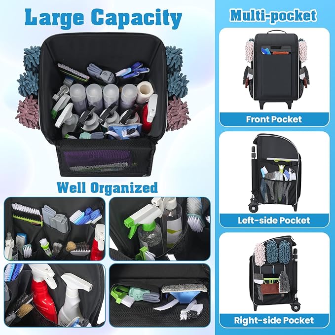 Rolling Cleaning Caddy Backpack with Wheels, Large Capacity Cleaning Supply Organizer Bag with Detachable Trolley & Backpack Strap, Water-Resistant Cleaning Bag for Houskeeper Cleaner