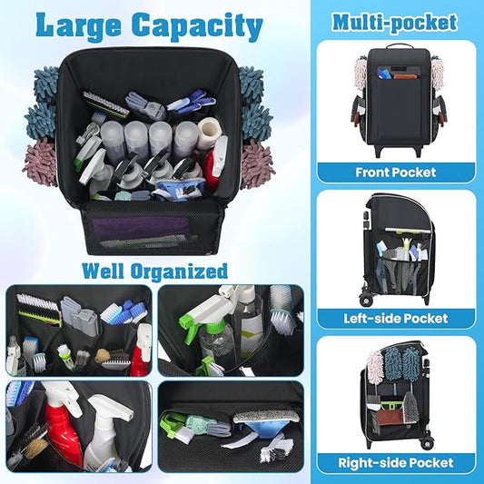 Rolling Cleaning Caddy Backpack with Wheels, Large Capacity Cleaning Supply Organizer Bag with Detachable Trolley & Backpack Strap, Water-Resistant Cleaning Bag for Houskeeper Cleaner