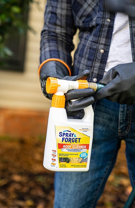 Spray & Forget Super Concentrated Revolutionary Roof Cleaner, 1 Qt. Hose-End Bottle - Cleans Algae, Mold & Mildew Stains, Use on Asphalt, Wood, Slate, Clay & Tile Shingles, Yellow (SF150)