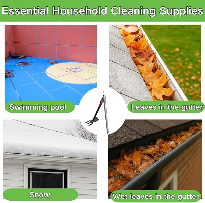 Heavy Duty Gutter Cleaning Tool, 10 Ft Leaf Gutter Cleaning Kit with Extension Pole Multifunctional Rake, Roof and Garden Debris Removal from Ground