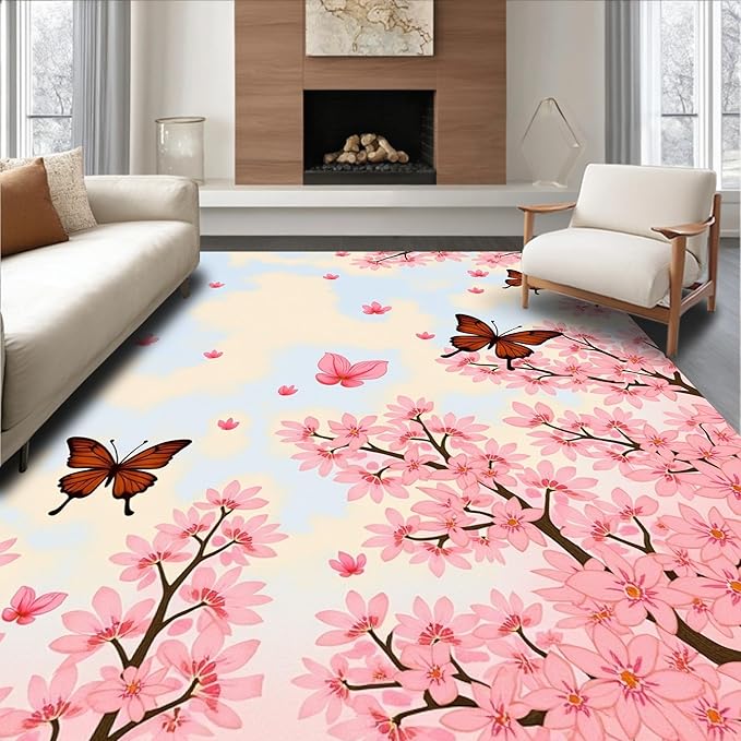 Flatwoven High Traffic Area Rug 3x5, Exquisite Springtime Blossom Shower Curtain Matching Suite, Non Slip, Stain Resistant, Washable Area Rugs for Living Room, Bedroom (Pink, 3x5)
