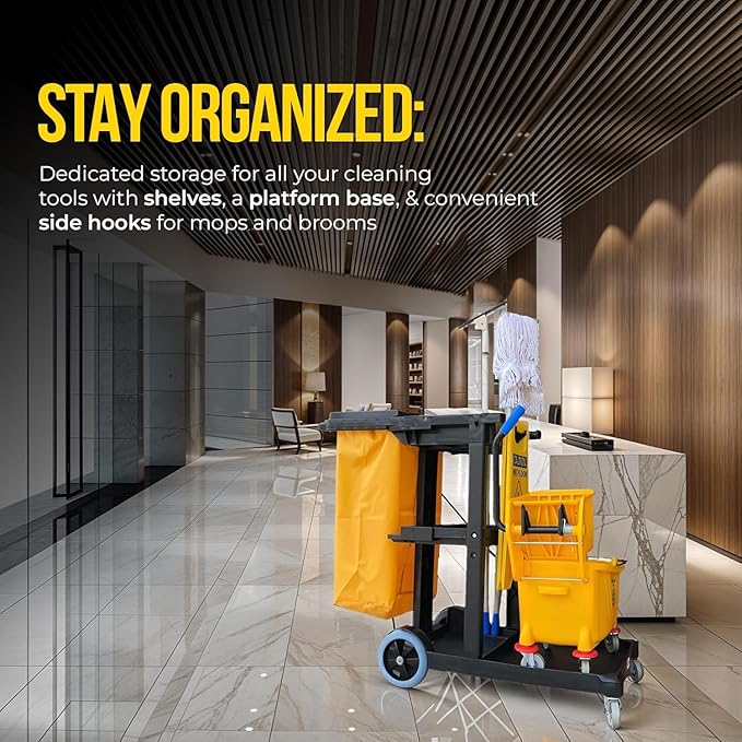 Simpli-Magic Commercial Cleaning Cart with Waste Bag & Lid, Janitorial Utility Cart with 3 Shelves, Mop & Broom Holders, 330 lb Capacity, Yellow/Grey