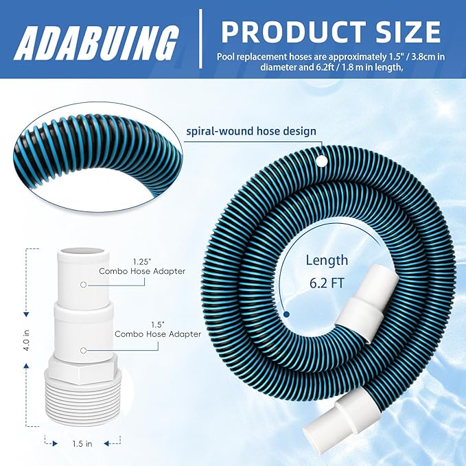 1.5" 6ft Swimming Pool Filter Pump Hose Replacement Kit, fit for Above Ground Swimming Pool Vacuum Skimmer 1 1/2" Filter Hose and for 1.25/1.5" Adapter Fittings -2 Hoses, 2 Adapters, 2 Tapes, 4 Clamps