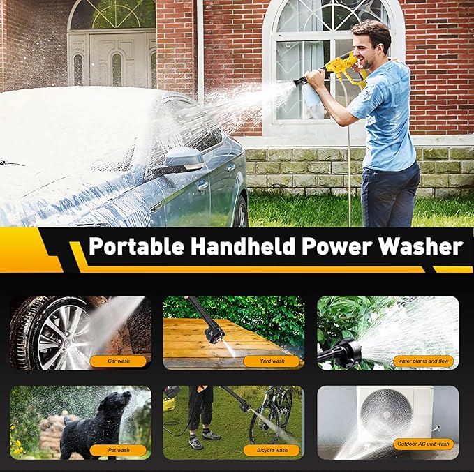 Cordless Car Washer, Portable Cleaning Tool with 6-in-1 Nozzle, 10-Speed Adjustment, Battery Level Display, Self-Priming System for Car, Garden, Patio & Floor Cleaning