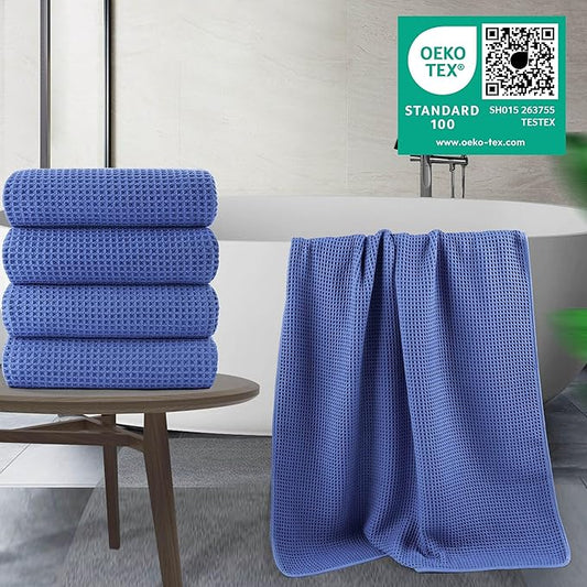 POLYTE 430 GSM Microfiber Oversize Quick Dry Lint Free Bath Towel, 60 x 30 in, 4 Pack (Waffle Weave)