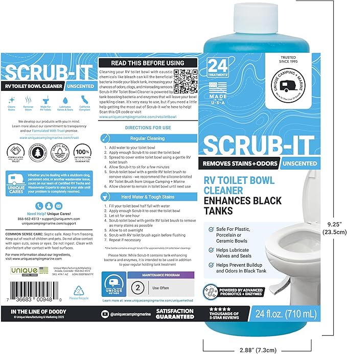 Unique Scrub-It RV Toilet Bowl Cleaner Liquid - Removes Odors, Stains and Debris - Safe on All Toilet Types 24 oz (3-Pack) Packaging May Vary