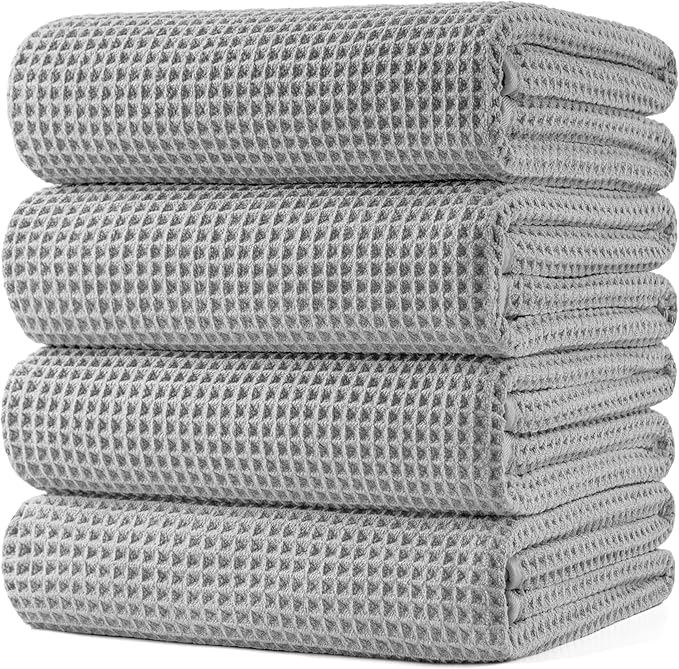 POLYTE 430 GSM Microfiber Oversize Quick Dry Lint Free Bath Towel, 60 x 30 in, 4 Pack (Waffle Weave)