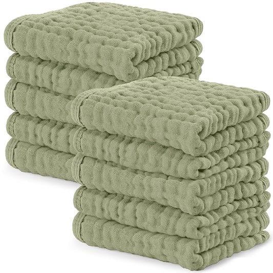 Comfy Cubs Muslin Baby Washcloths 10 Pack - Soft 6-Layer Cotton Wash Cloths for Sensitive Skin - 10"x10" Large, Gentle, Absorbent Infant Essentials for Newborn and Toddlers - Sage