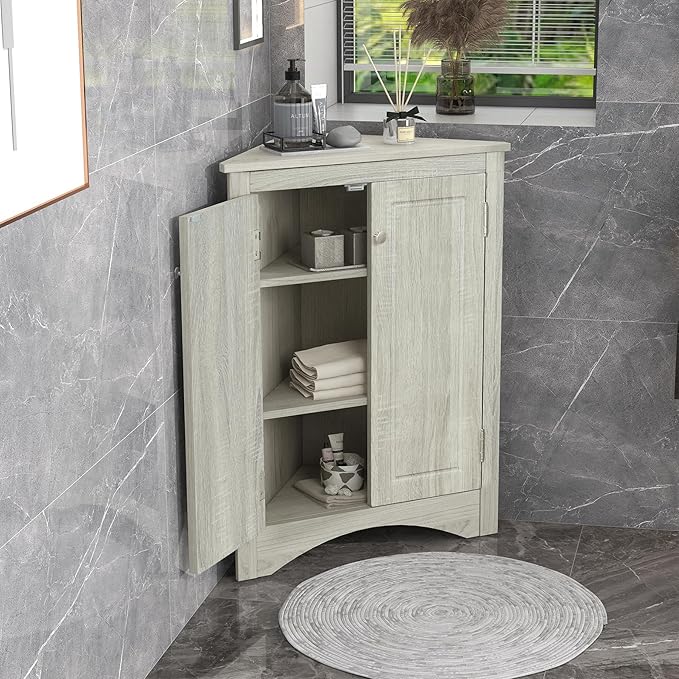 Corner Storage Cabinet with Adjustable Shelves, Triangle Bathroom & Kitchen Organizer, Freestanding Floor Cabinet for Toilet Kitchen Bathroom Cleaning Supplies (Oak)