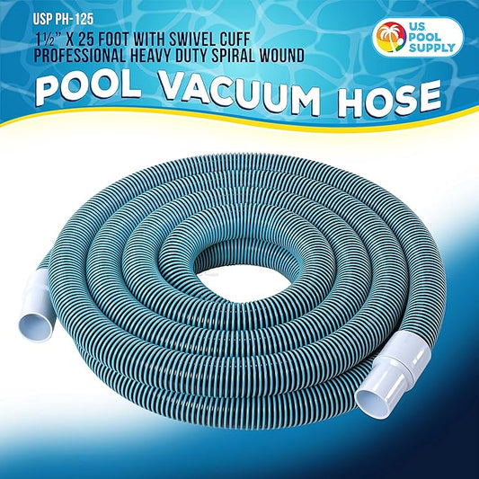 U.S. Pool Supply Pool Vacuum Hose - 1-1/2" x 25' Professional Heavy Duty Pool Hose for Inground, Spiral Wound with Kink-Free Swivel Cuff - Connect to Vacuum Heads, Skimmer, Cleaner, Filter Pump Inlet