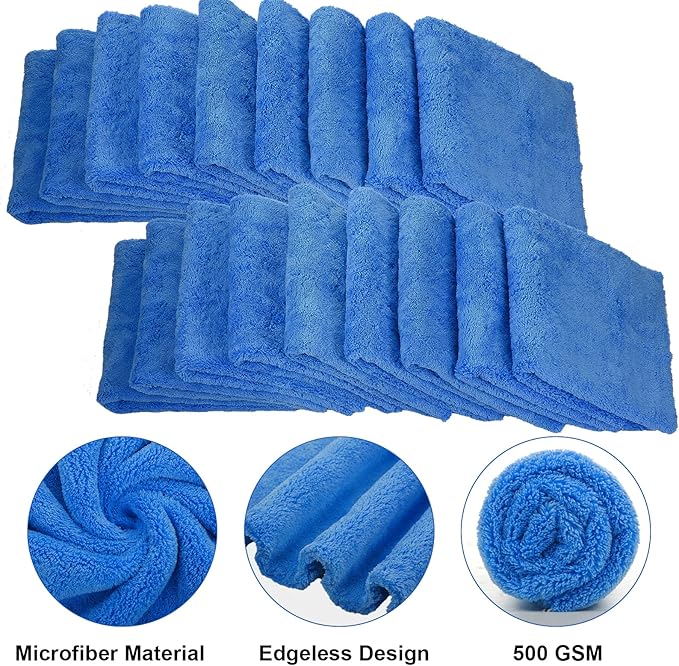 Shimeyao 30 Pcs 16 x 16 Inch Edgeless Microfiber Plush Towels for Cars Detailing Drying Wash Polishing Absorbent Cleaning Cloths, 500 GSM (Dark Blue)